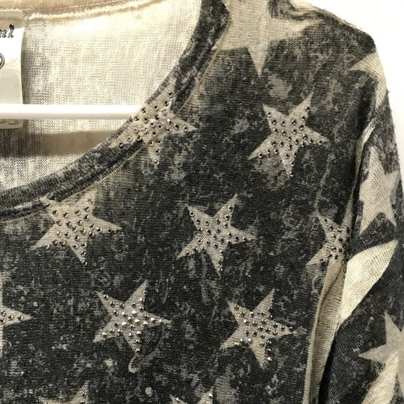 Vocal Distressed American Flag Long Sleeve Tee w/ Embellished Stars - Picture 3 of 6